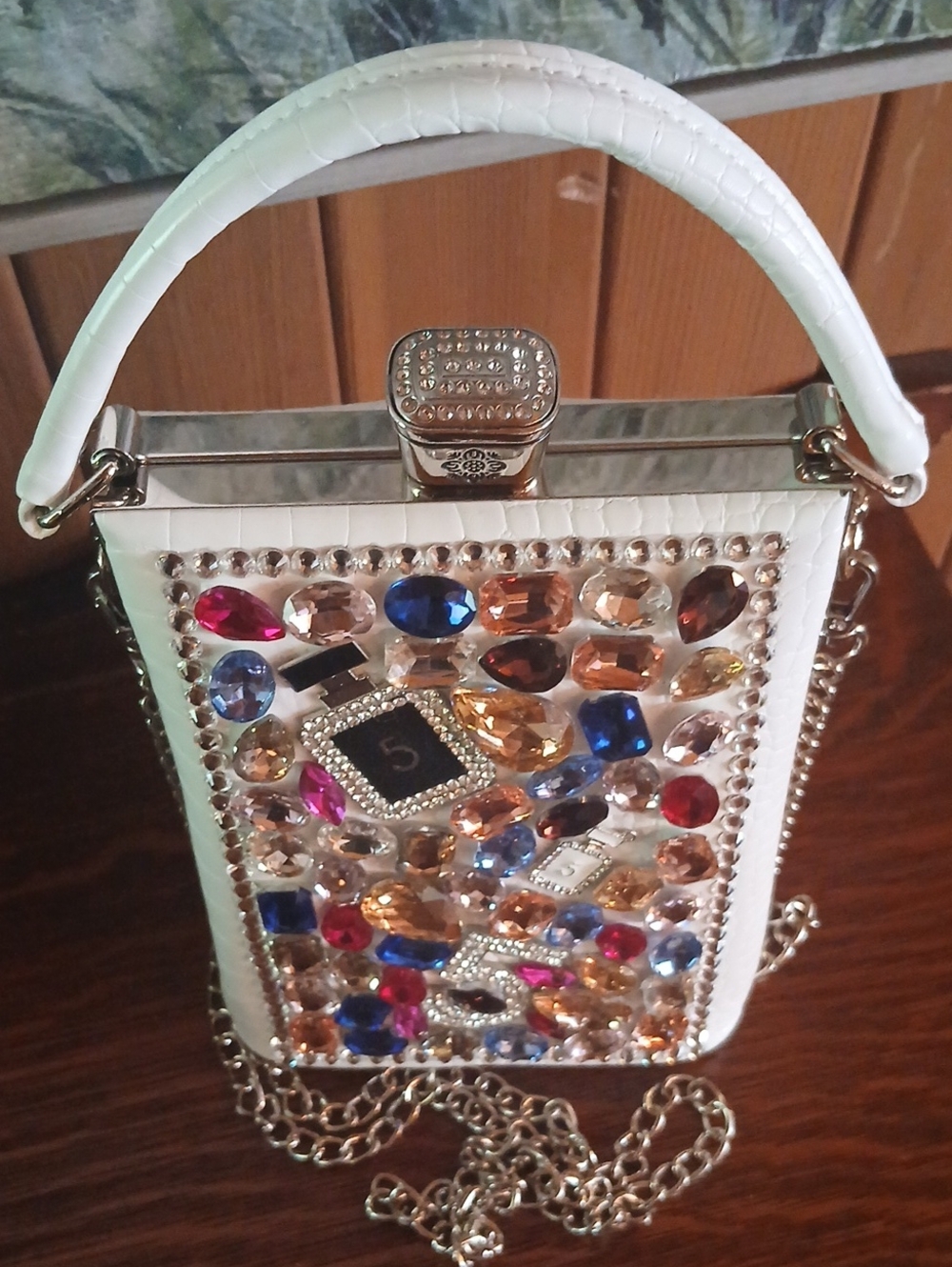 White Jeweled Women's Top-Handle Clutch with Multicolor Gem Accents